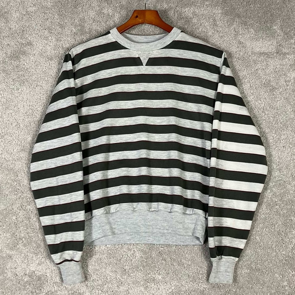 Vintage 80s Repage Striped Sweatshirt Mens XL Gray Green Red V-Stitch Crew Neck